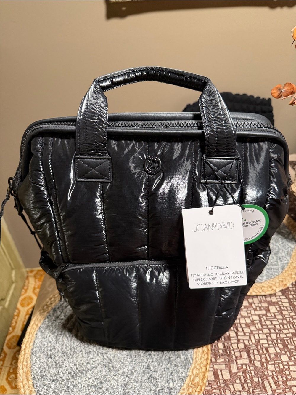 Joan & David Black Quilted Shiny Puffer Backpack Tote